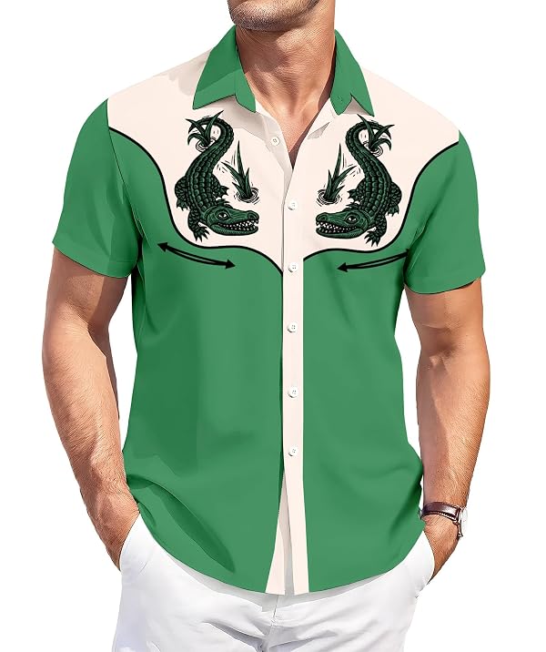 DADDYLOCO Hawaiian Shirt, Green Alligator Print, Short Sleeve Button Down, Regular Fit by DADDYLOCO - Used condition - Image 2