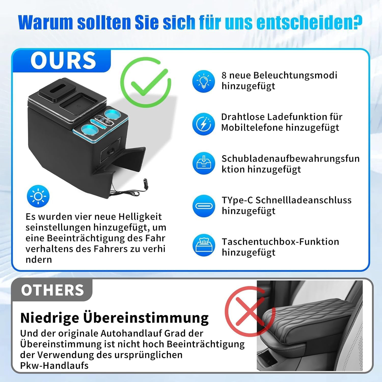 Armlehnenbox Aufbewahrungsbox mit Kabelloses Laden 7-farbigem Umgebungslicht und 4 Helligkeitsstufen passend für Mercedes-Benz V-Klasse V220 V260 V250 W447 [EU-Patent]