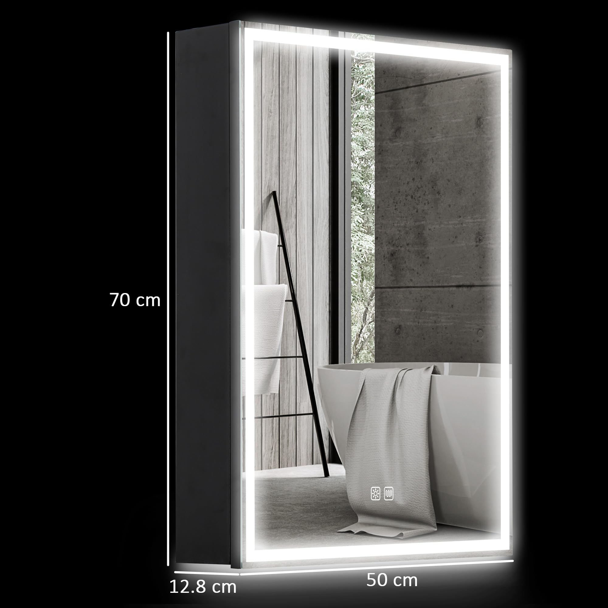 HOMCOM Armadietto a Specchio per Bagno con Luci LED e Presa per Rasoio, Armadietto a Parete con Specchio, Pad Anti-Appannamento, Dimmer, 3 Colori, Mobile da Bagno, Nero