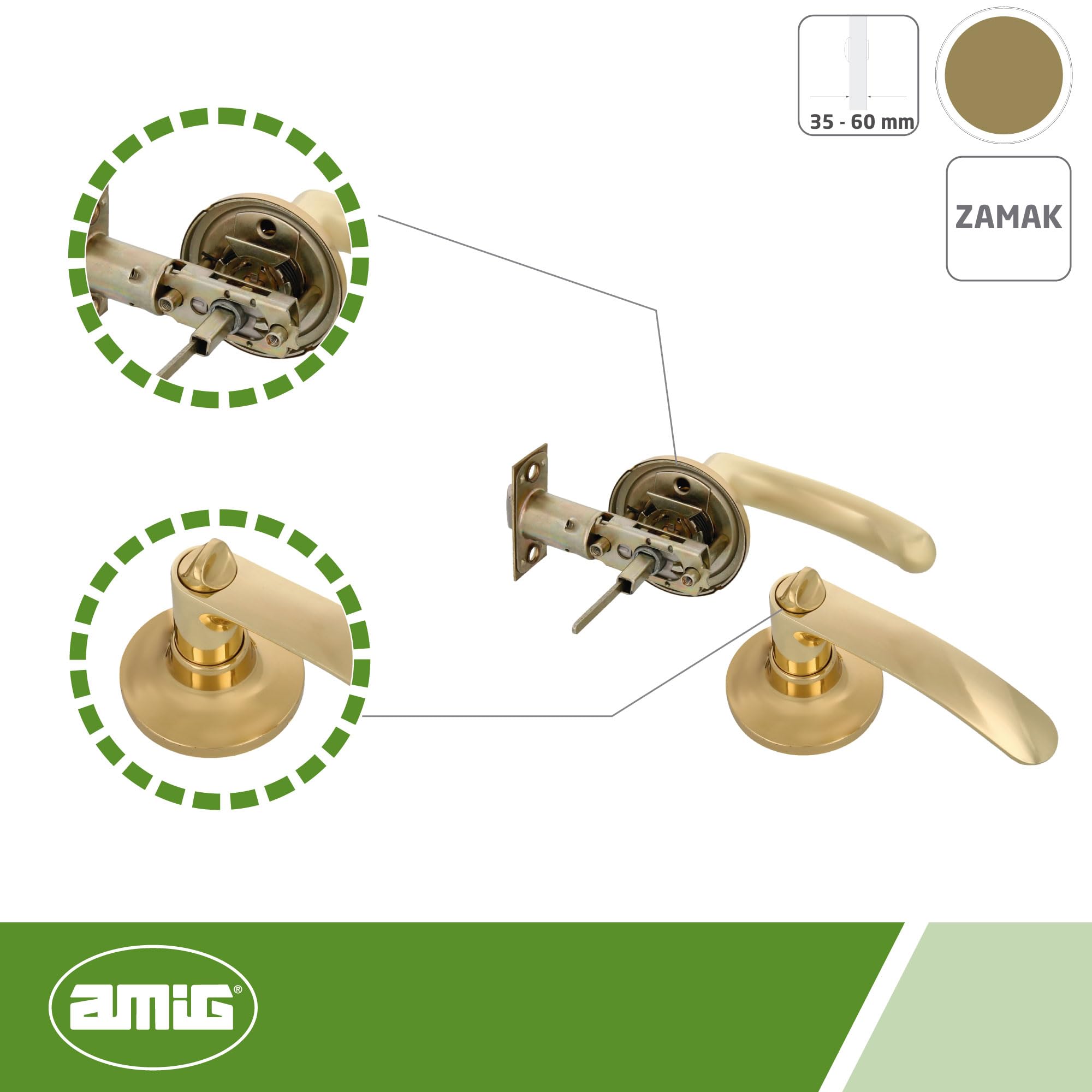 Amig - Juego de manillas - Manillas con picaporte cuadrado - Para puertas de paso - Zamak - Picaporte de entrada 60/70 mm incluido - Para puertas de madera de anchura de 35 a 45 mm - Dorado
