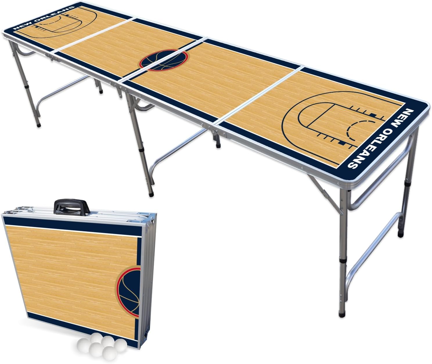 8-Foot Folding Portable Pong Table w/Optional Cup Holes & LED Lights - New Orleans Basketball Court (Choose Your Model)