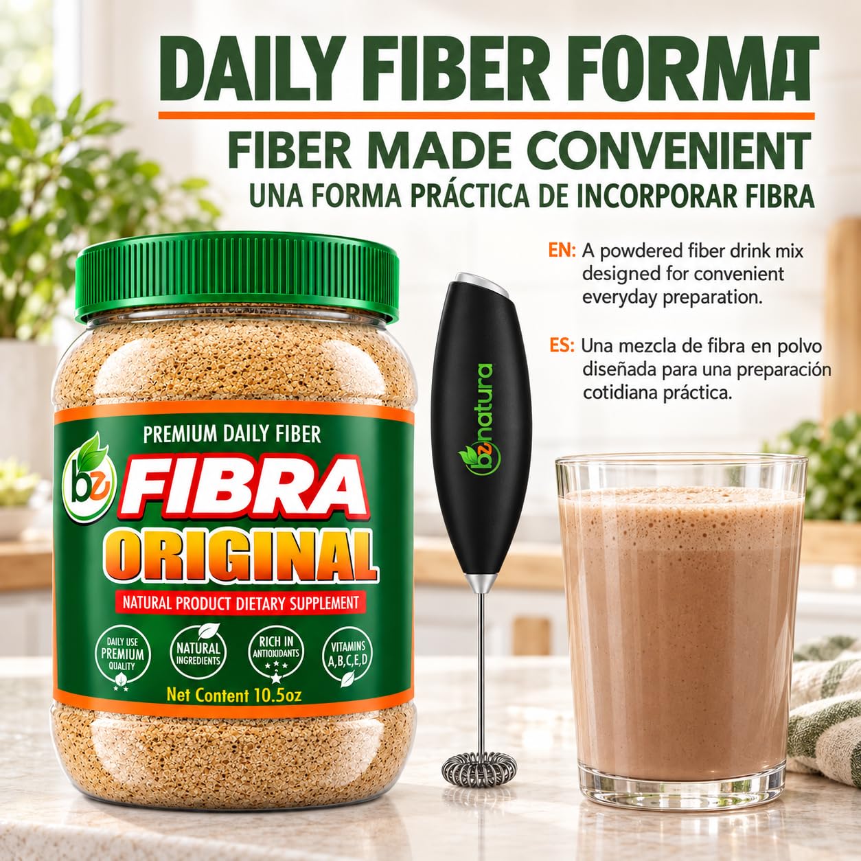 BE Fibra–Daily Fiber Drink Mix, 10.5 oz, with Vitamins A, B12, C & D, Includes Drink Mixer,Plant-Based Formula, Vegan, Non-GMO, Authentic by BexpertsUSA — Amazon image 8
