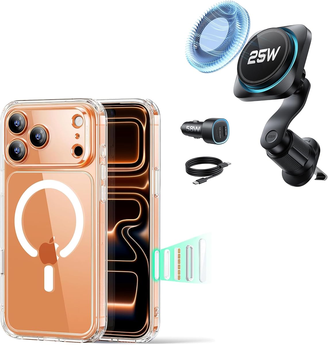 ESR Funda para iPhone 17 Pro Max con cargador de montaje de coche Magsafe de 25 W, funda magnética para teléfono para iPhone 17 Pro Max, funda híbrida clásica, con rotación de 360°, cargador de coche MagSafe de refrigeración para teléfono