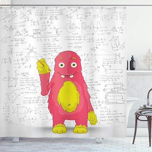 Ambesonne Cortina de ducha de ciencia, divertido monstruo inteligente haciendo matemáticas en la pared, ilustración de cómic de nerds científicos,