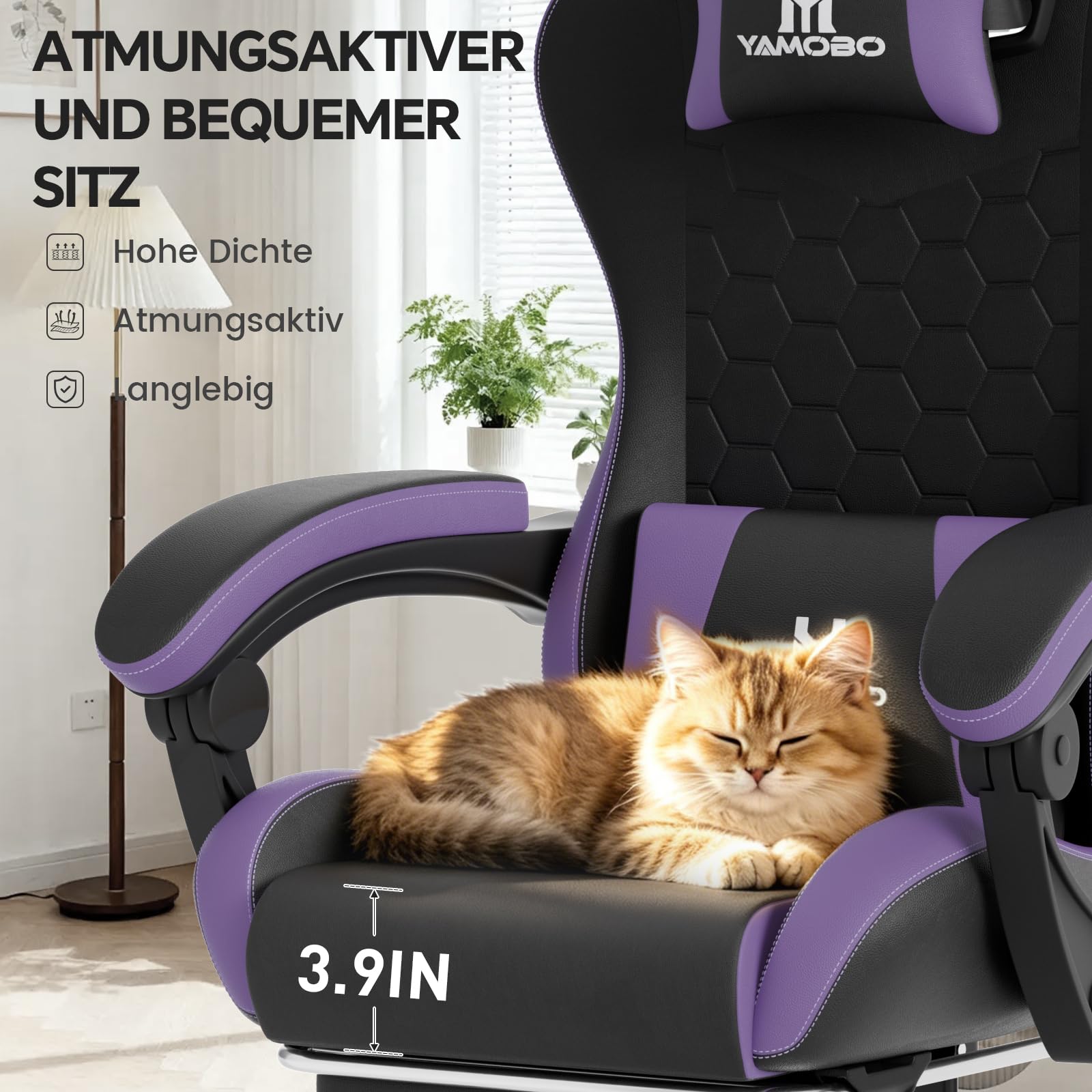 Gaming Stuhl Ergonomisch Gamer Stuhl mit Fußstütze Kopfstütze und Massage Lendenstütze Racing Gaming Chair mit Höhenverstellbaren Gamingsessel 135° neigbar 150 KG SchwarzLila