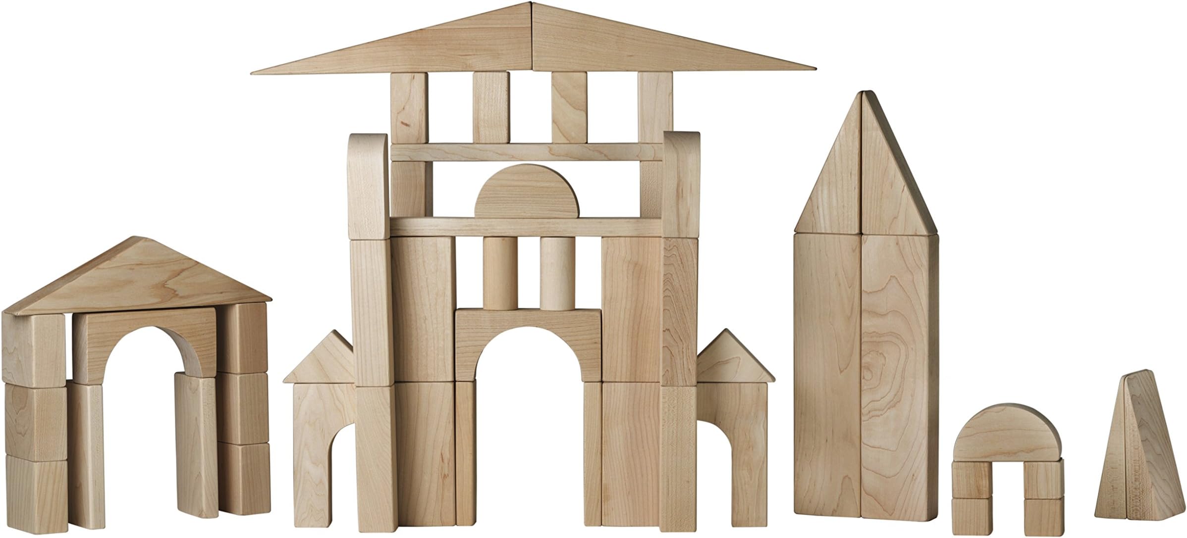 Maple Wood Toys Wooden Building Blocks Set - Standard Unit Blocks - Made From Top Quality Hard Maple Wood - 55 Wooden Blocks 19 Shapes and Sizes - Made In USA by