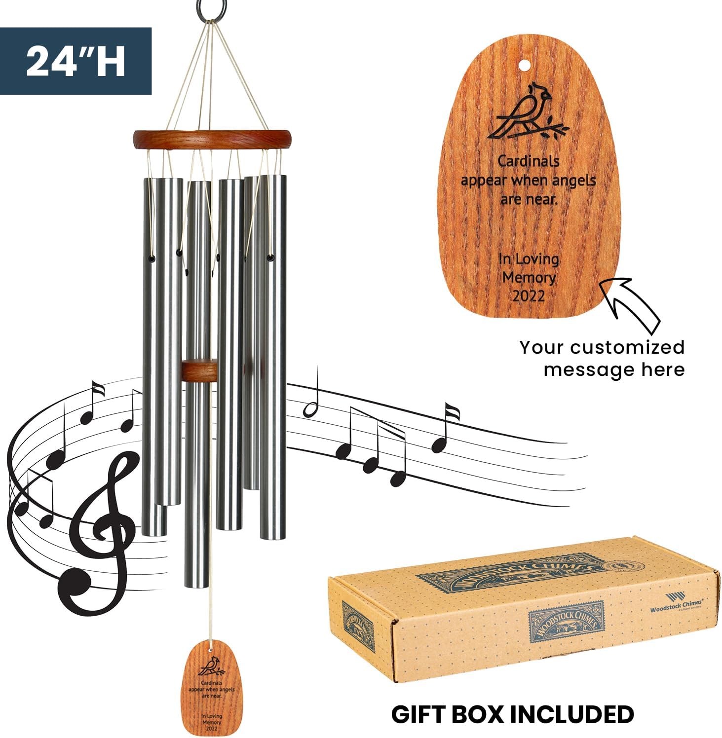 Woodstock Wind Chimes Personalized Amazing Grace Memorial Chime for Outside 24'' Medium Silver Sympathy Customized Cardinal Inspirational Wind Chime for Outdoor Patio Home Garden Decor