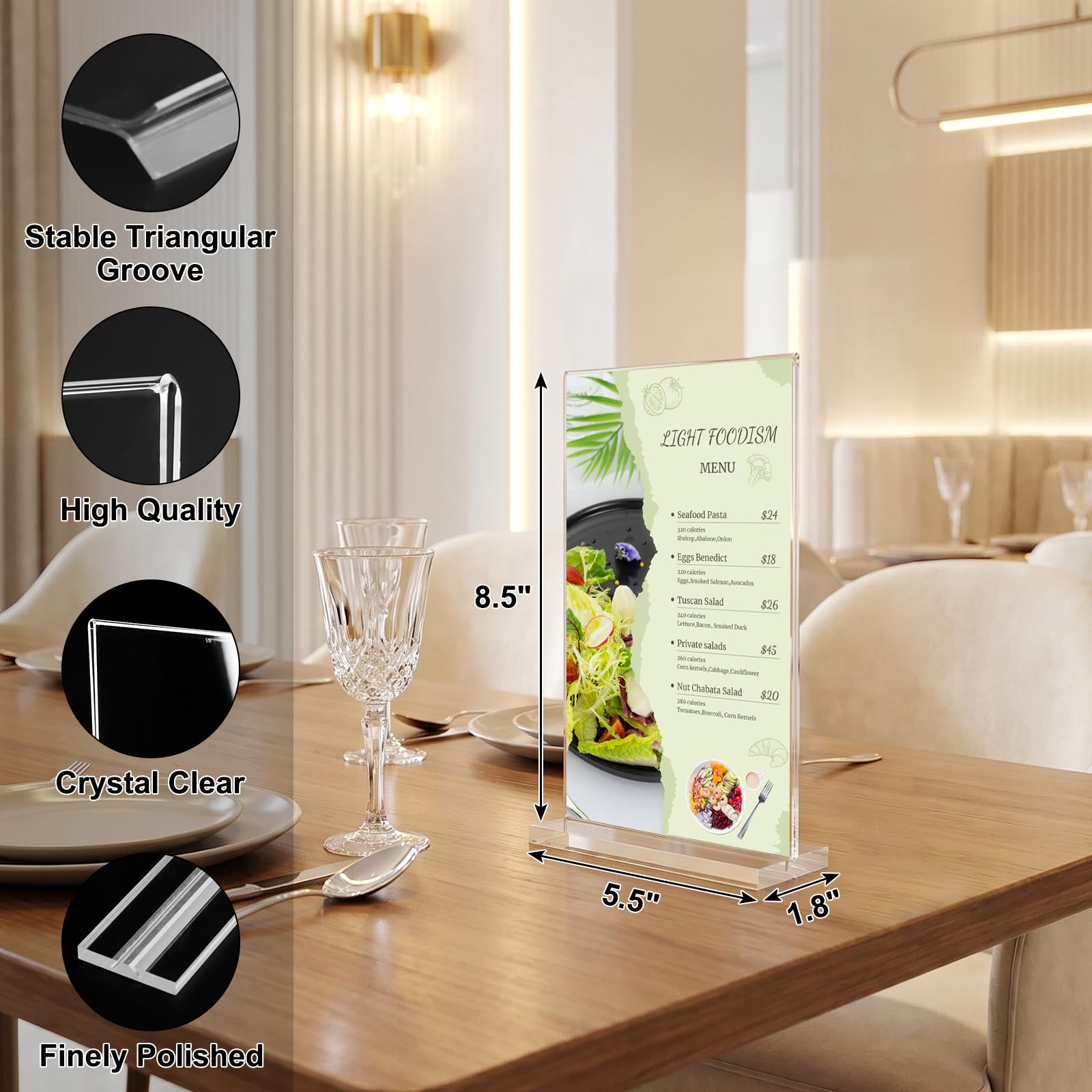 xydstay Paquete de 6 soportes acrílicos para letreros de 8.5 x 5.5 pulgadas, soporte vertical de plástico transparente en forma de T, soporte de menú, soporte de letrero de mesa irrompible para