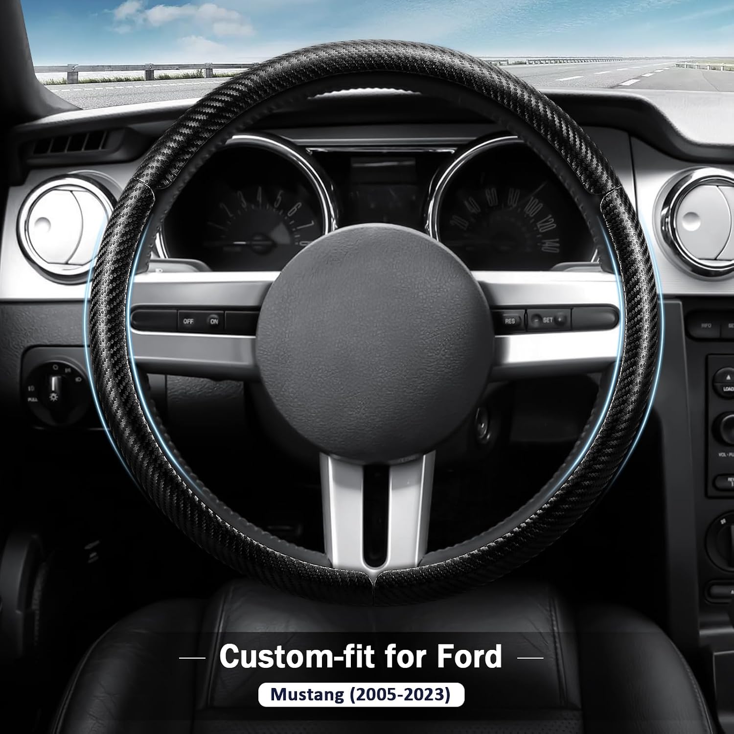 Steering Wheel Cover for Ford Mustang 2005-2023 3 Piece Carbon Fiber Car Steering Wheel Accessories（Matte Black