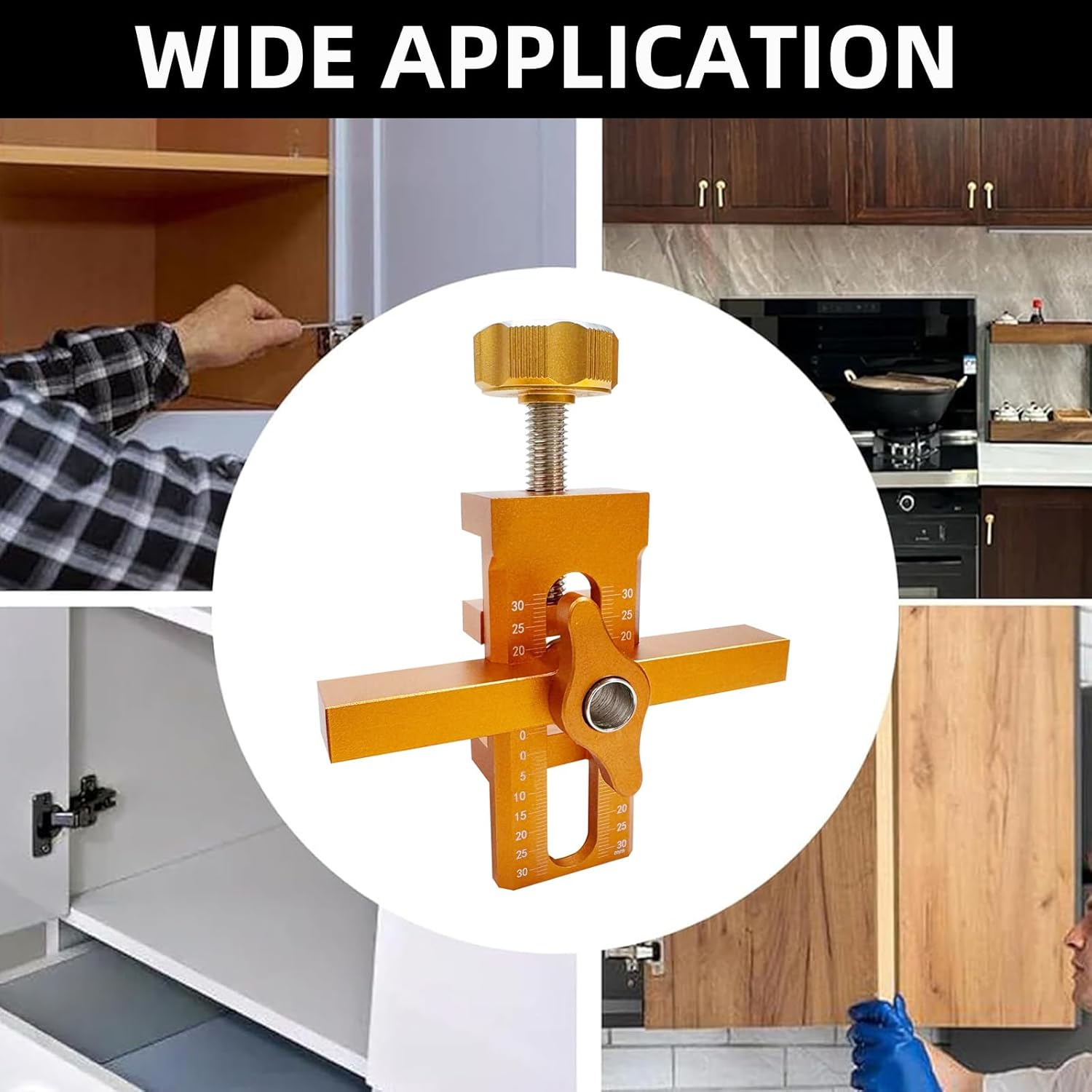 Cabinet door installation clamp, 2 in 1 cabinet door installation clamp with adjustable positioner, aluminum cabinet door drilling tool, suitable for most cabinet doors, with 3 drill bits