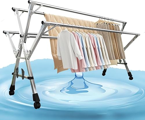 Estante de secado retráctil de ropa para lavandería, con estantes, estante de secado de ropa plegable con ruedas, estante de secado de acero