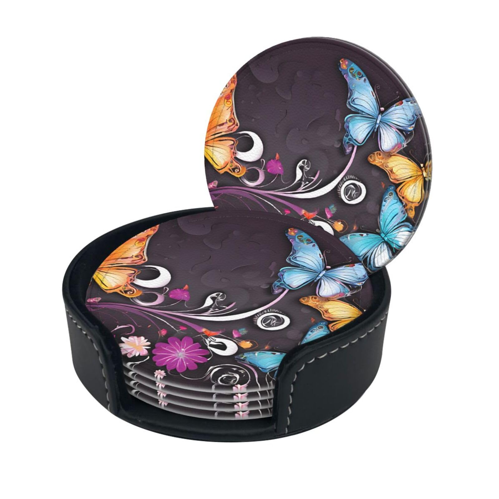 Butterflies Print Coaster,Round Leather Coasters with Storage Box for Wine Mugs,Cold Drinks and Cups Tabletop Protection (6 Piece)