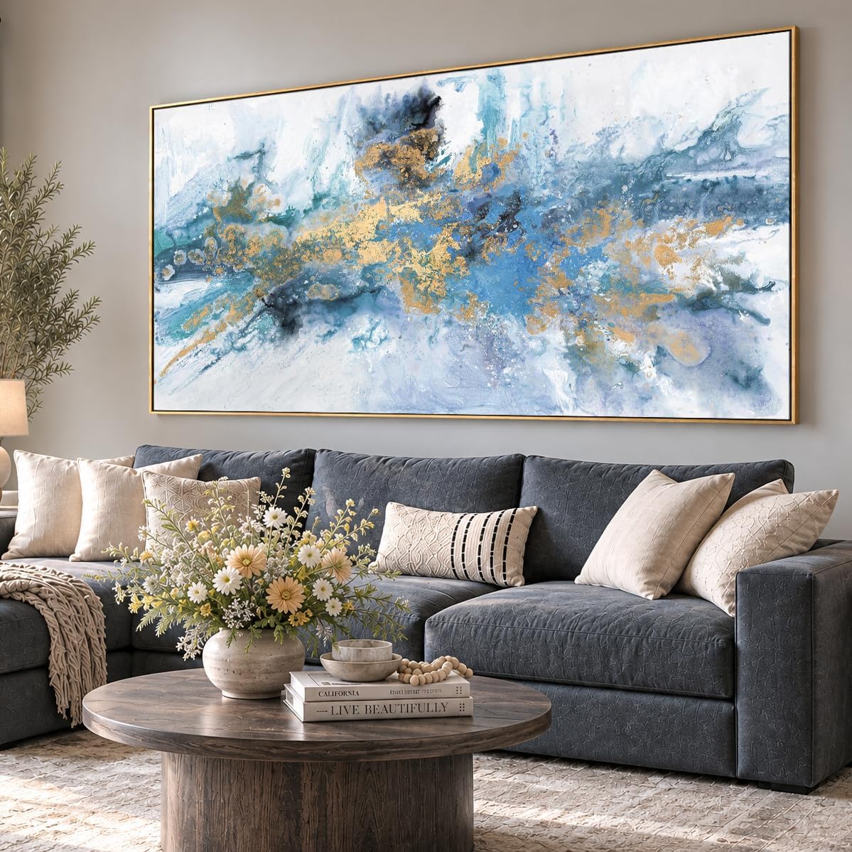 Abstract Navy Blue Canvas Wall Art 20x40in - Framed Artwork for Living Room Bedroom - Modern Colorful Fantasy Painting Ready to Hang Home Decor