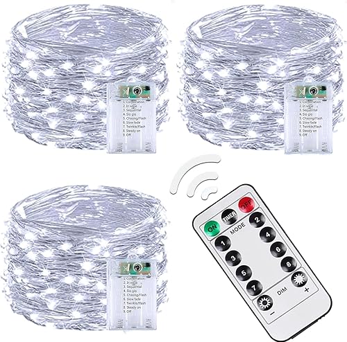 Paquete de 3 luces parpadeantes que funcionan con pilas, cada una de 20 pies de 60 luces LED impermeables para exteriores, luces de hadas de alambre