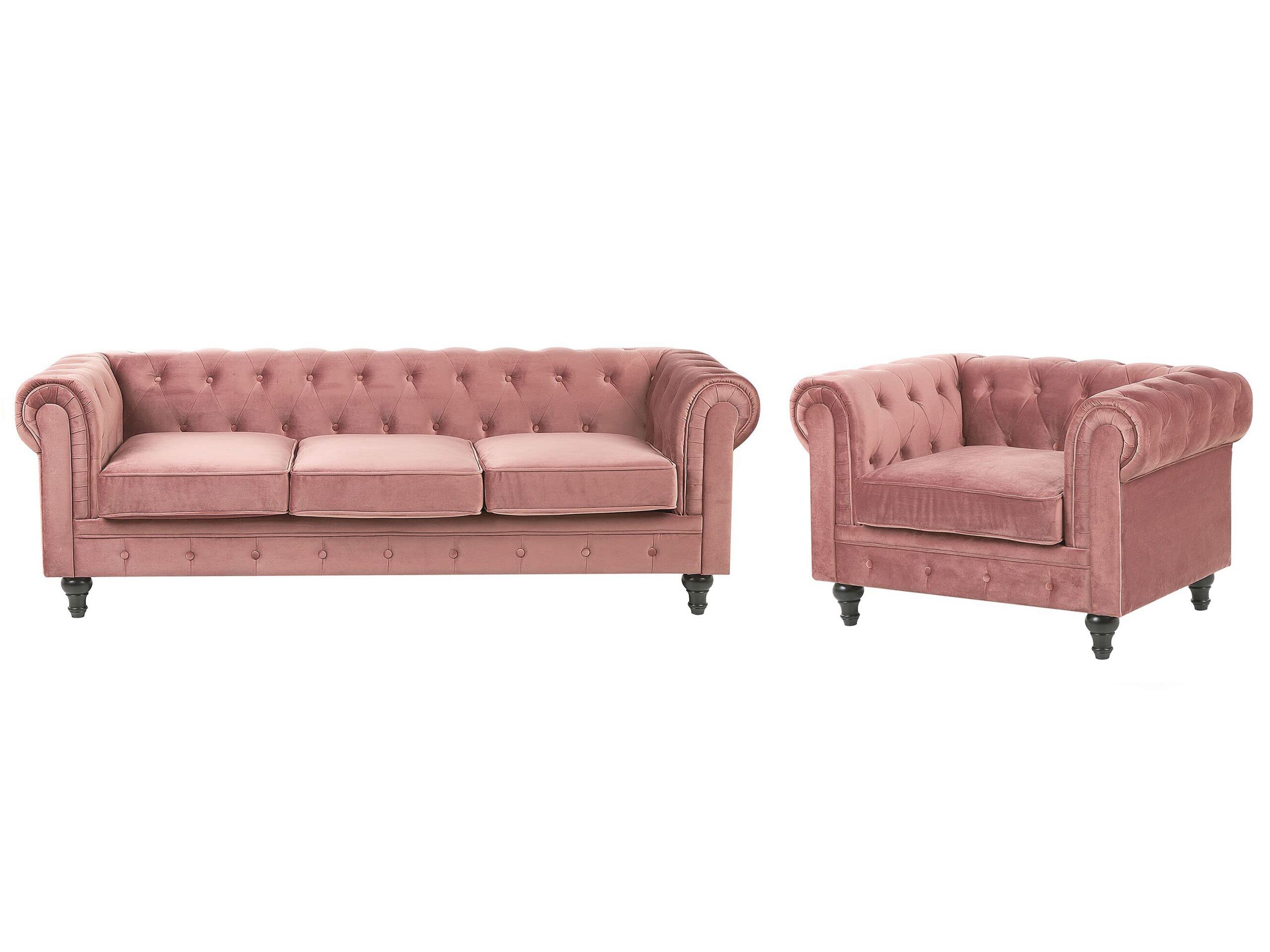 Beliani Conjunto de salón Chesterfield tapizado en Tela de Terciopelo Rosa sofá 3 plazas + sillón Patas de Madera Oscura Estilo contemporáneo Chesterfield