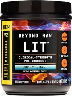 BEYOND RAW LIT V2 Clinical Strength Pre Workout Powder, Hits Harder, Bigger Pumps, Caffeine, L-Citrulline, Creatine, Gummy Shark, 30 Servings