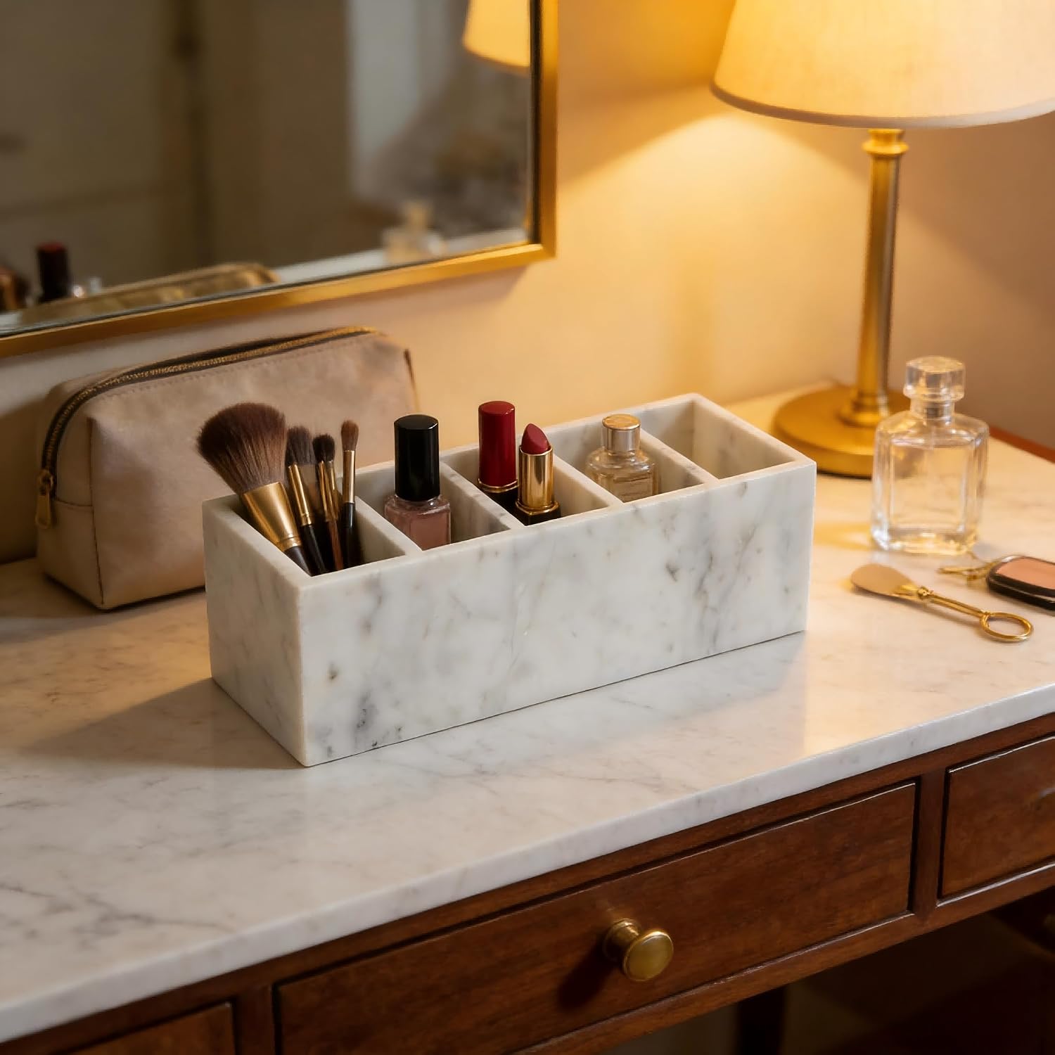 Natural Marble White Toothbrush Holder Pen Holder Makeup Brush Holder, Bathroom Office Home Countertop Organizer Accessories Decal