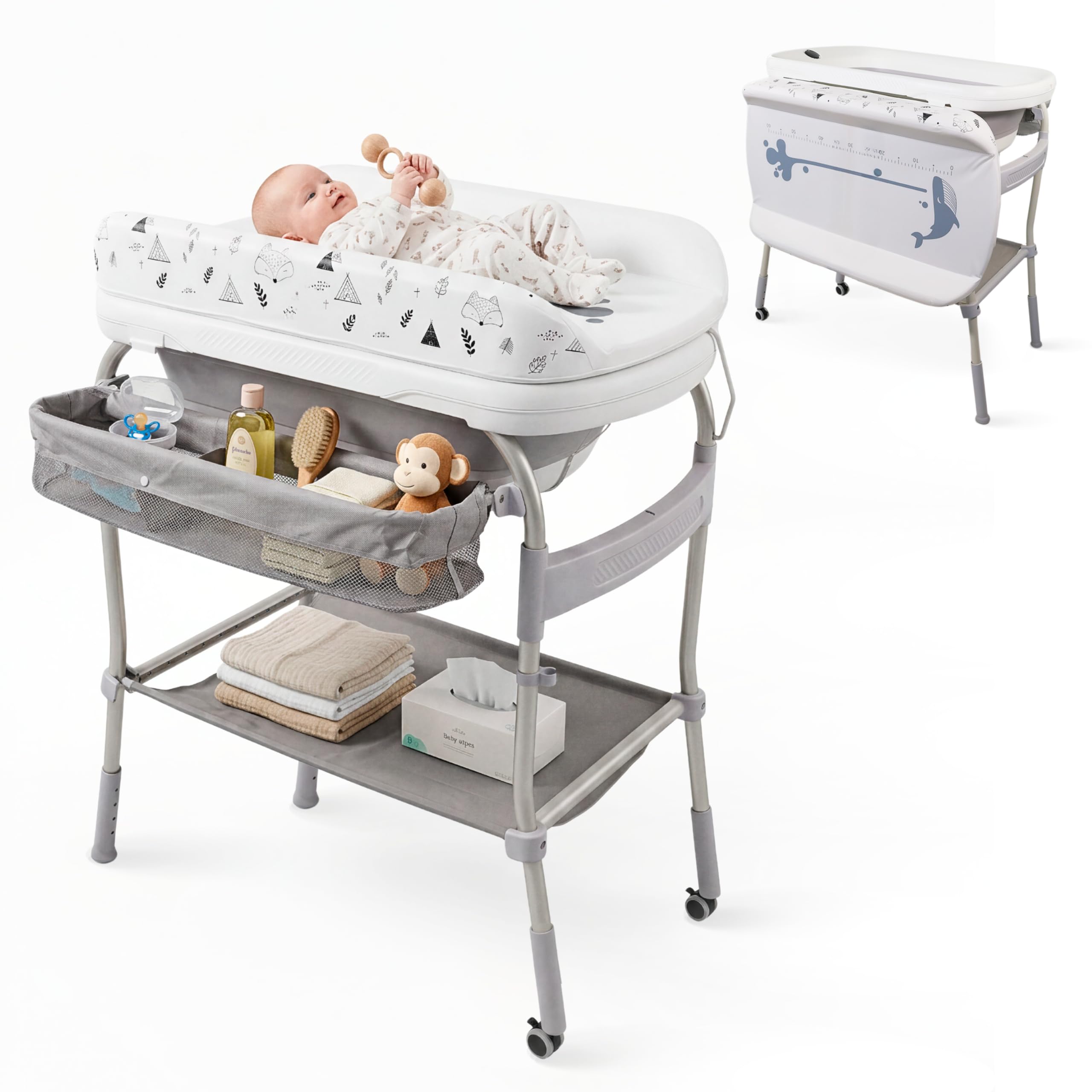 Mobiclinic®, Cambiador de bebés con bañera 2 en 1, Trendy, Ajustable 4 alturas, Termómetro, Ruedas freno, Cesta almacenamiento, Hasta 50 kg, Tubo desagüe, 0-36 meses