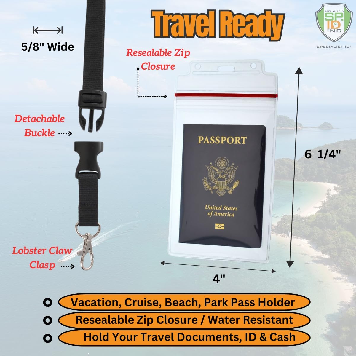 Bulk 20 Pack - Heavy Duty Water and Tear Resistant Passport Holders with Lanyard - 4X6 Insert is ideal for Cruise and Beach Vacation Documents (Black)