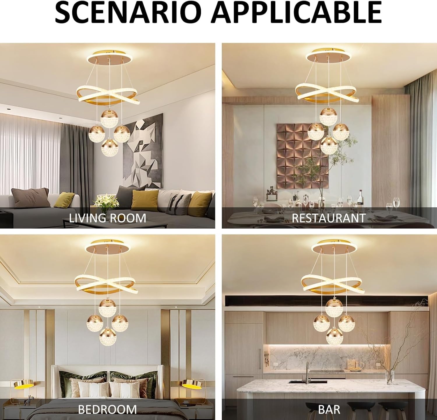 Lampadario Moderno a LED dimmerabile Color Oro per Sala da Pranzo, Isola Cucina e Soggiorno. Apparecchio di Illuminazione per la casa con Altezza Regolabile.