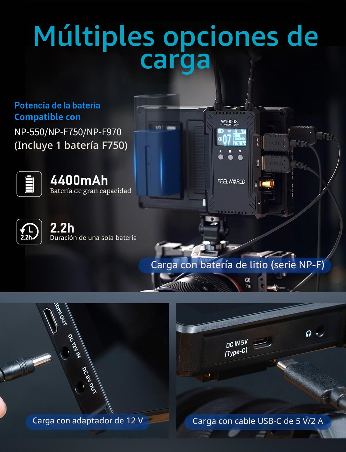 FEELWORLD F7 Plus Monitor de Campo para cámara de 7 Pulgadas y 1200nits con batería y Bolsa F750 Pantalla táctil 3D Lut Forma de Onda F970 Kit de instalación y alimentación 4K 60Hz HDMI