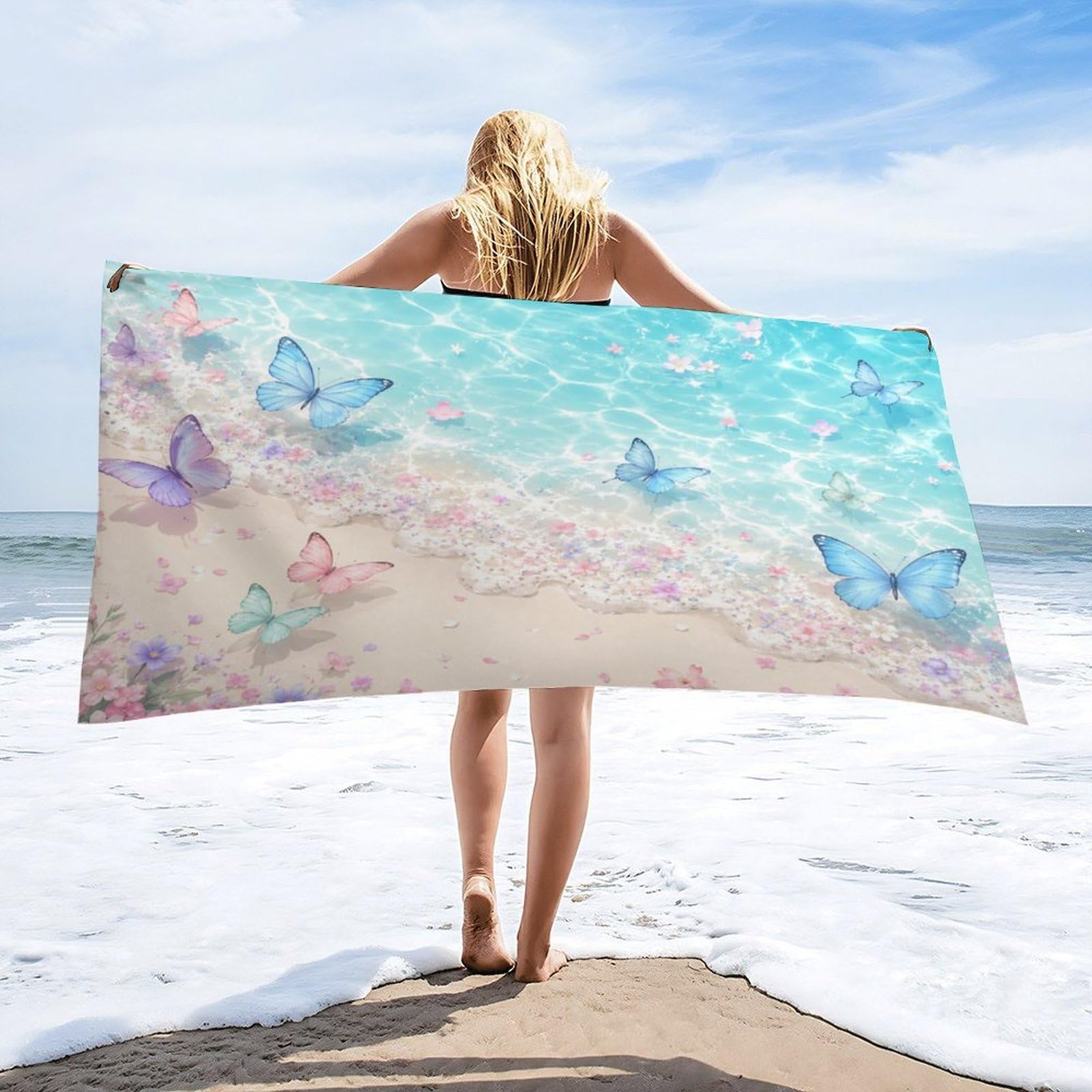 Anceky Butterfly Beach Floral Beach Towel 32"×63",Soft Microfiber Bath Towel Shawl, Quick Dry Absorbent Pool Spa Gym Shower Towel