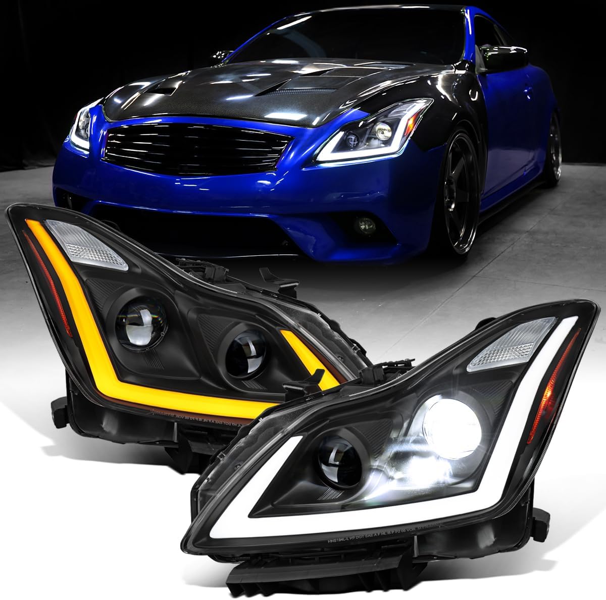 Ronnin - Fits 2008-2013 Infiniti G37 2014-2015 Q60 Coupe LED Dual Beam Projector Headlights + Halogen Projector Fog Switchback Sequential Signals + Animated Startup Effect Pair | Black