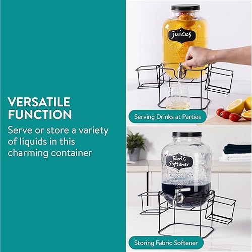 Miniatura 2 de Navaris Dispensador de bebidas con soporte de metal negro, recipiente de vidrio de 1.3 galones (5L) con grifo, dispensador de bebidas con sello de