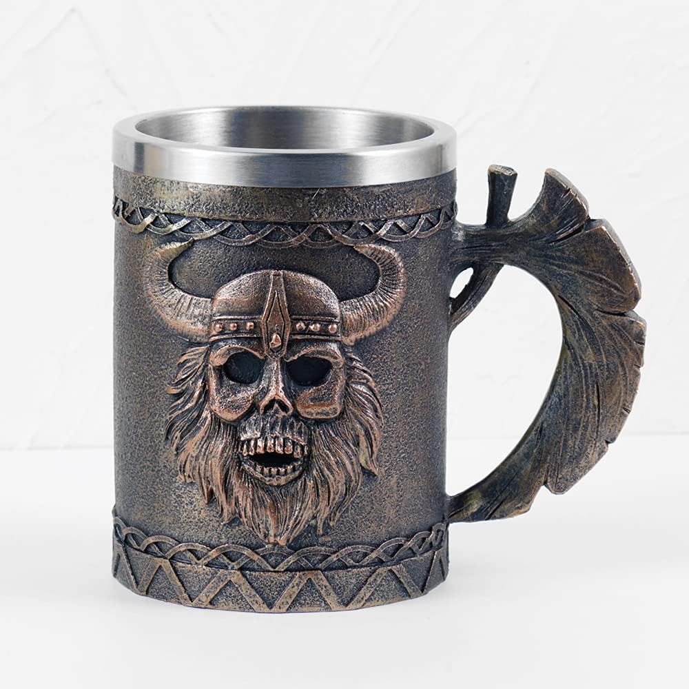 Arola Viking Axe Mug, Stainless Steel Horn Skull Beer Cup, Viking Warrior Skull Tankard - Image 4