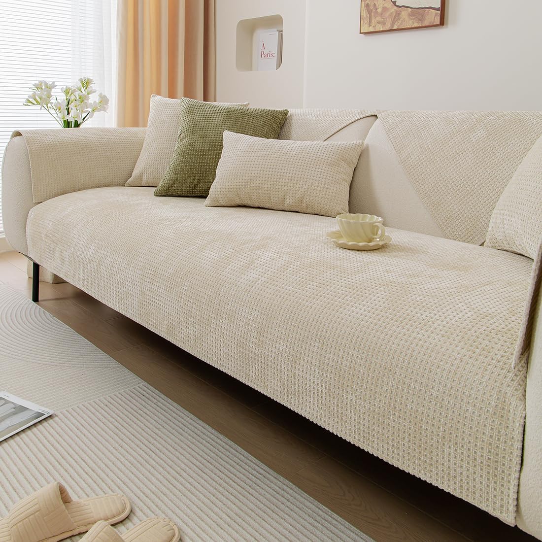 vctops Farmhouse Plaid Chenille Couch Sofa Cover Super Soft Plush Sectional Couch Covers Anti-Slip Solid Sofa Slipcover for Dogs, Children, Pets Furniture Protector (Beige,36"x94")