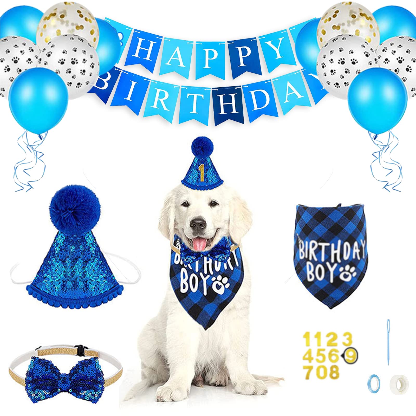 Hundegeburtstags-Dekoset Komplett - Mit Hut, Bandana, Banner & Ballons In Blau (Größe L)