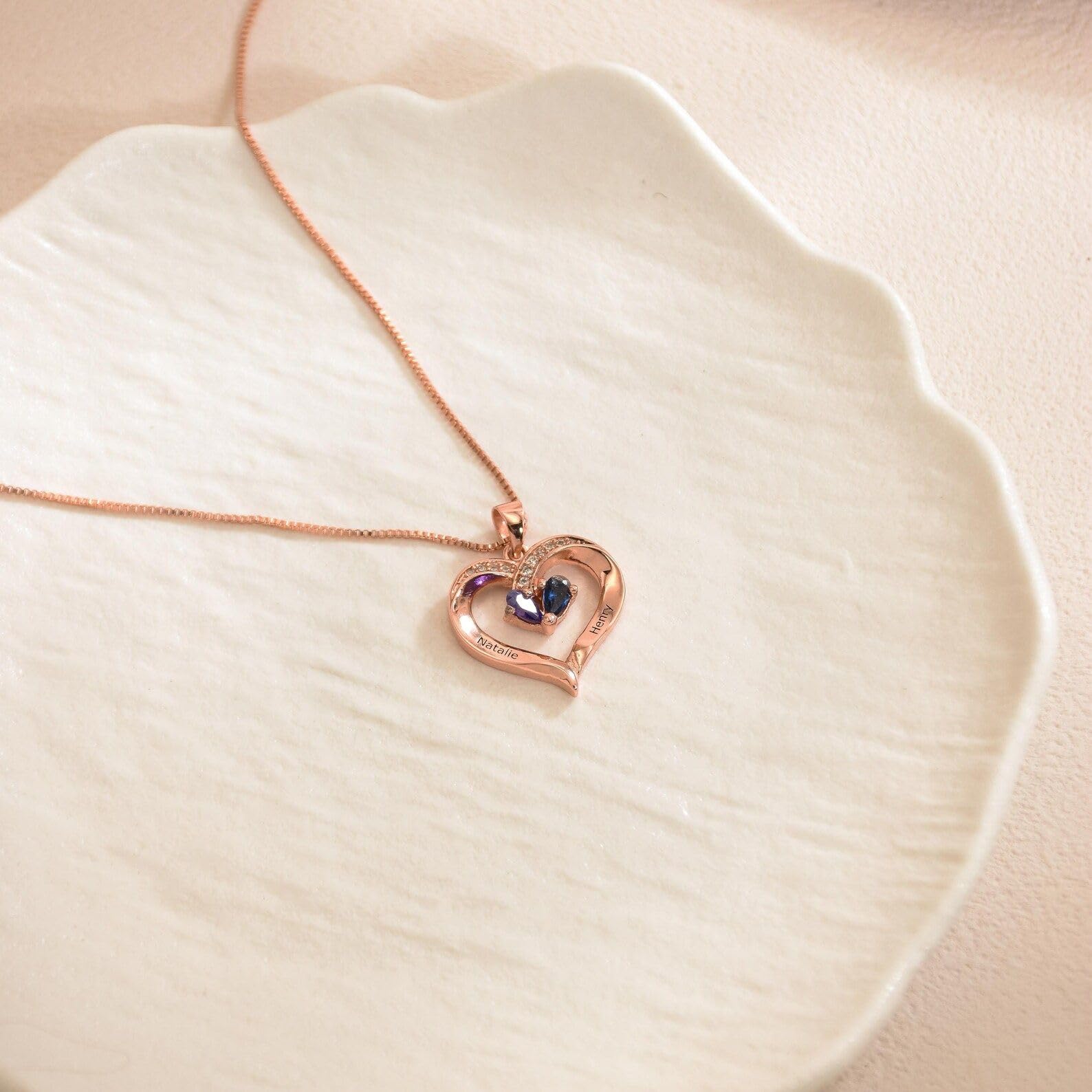 Cuore collana con pietra portafortuna, due nome su misura con pietra portafortuna famiglia coppia per mamma