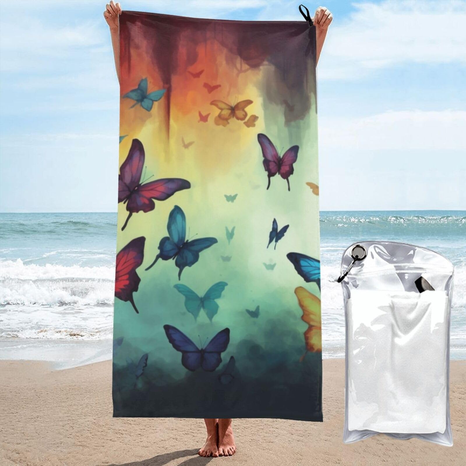 BWWHCCTI Butterflies Print Printed Microfiber Quick Dry Beach Towel 80x160 CM, Fast Drying Bath Towels with Bags for Travel,Camping,Gym,Beach,Swimming,Yoga