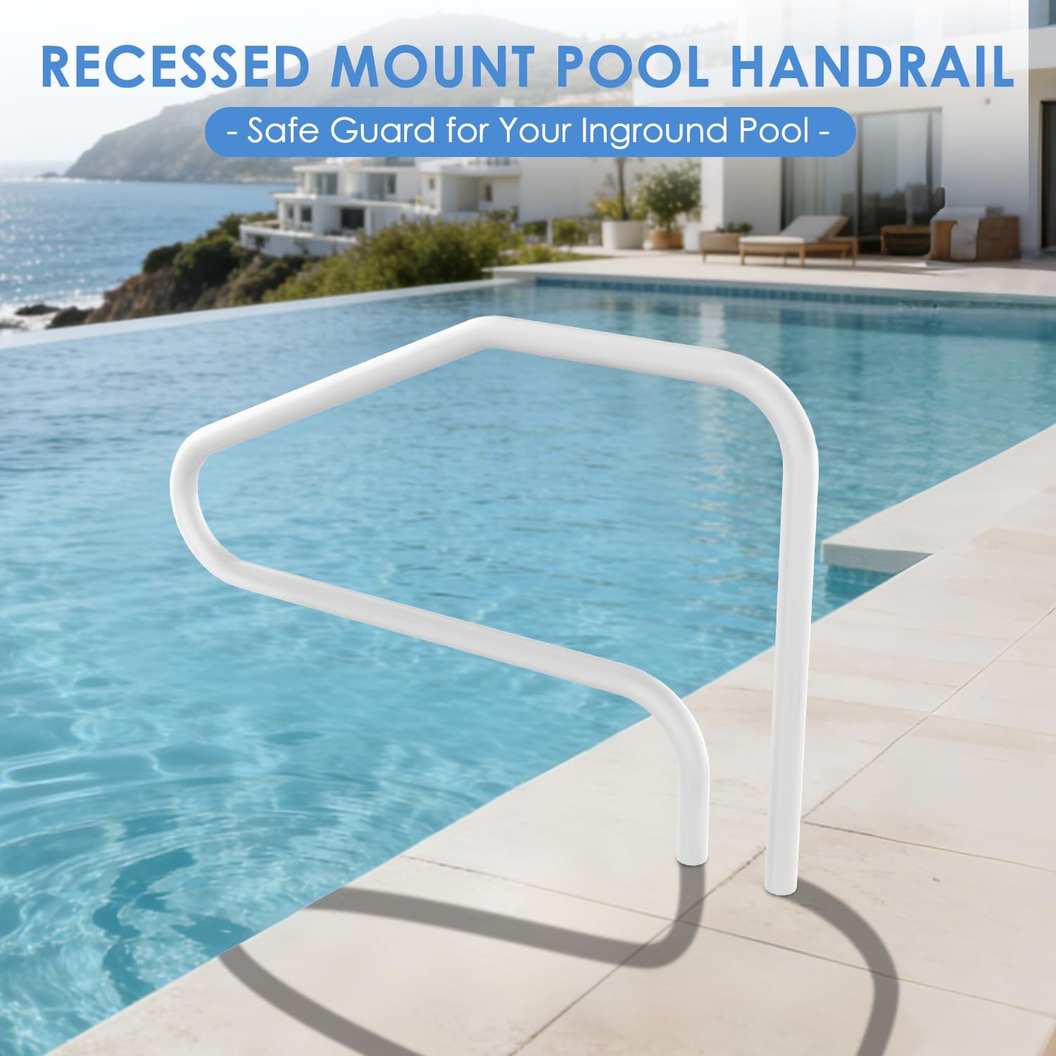 Recessed Mount Pool Handrail for Inground Pools, 48x32 Inch 48mm Tube 4-Bend, Polymer Coated Stainless Steel Core Pool Rail, 220LBS Load Capacity