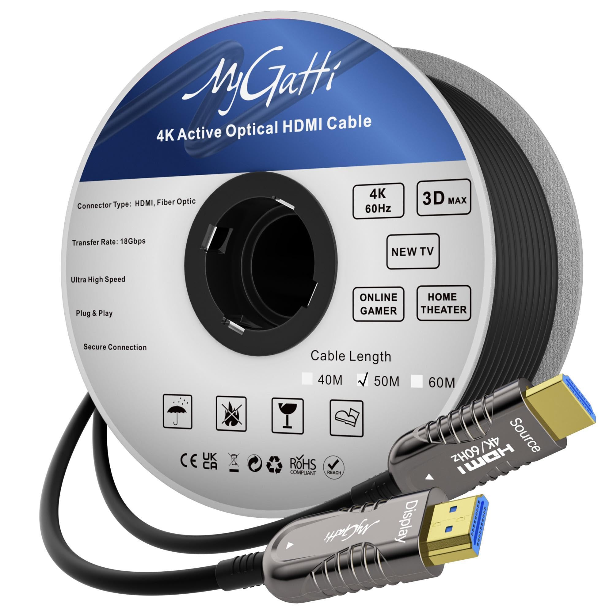 Câble fibre optique HDMI 4K-50 mètres,câble optique HDMI 2.0,4K@ 60 Hz/18 Gbps High Speed UHD Fiber Optic AOC,4:4:4 RVB,boîtier en alliage de zinc,diamètre extérieur fin : 4,8 mm