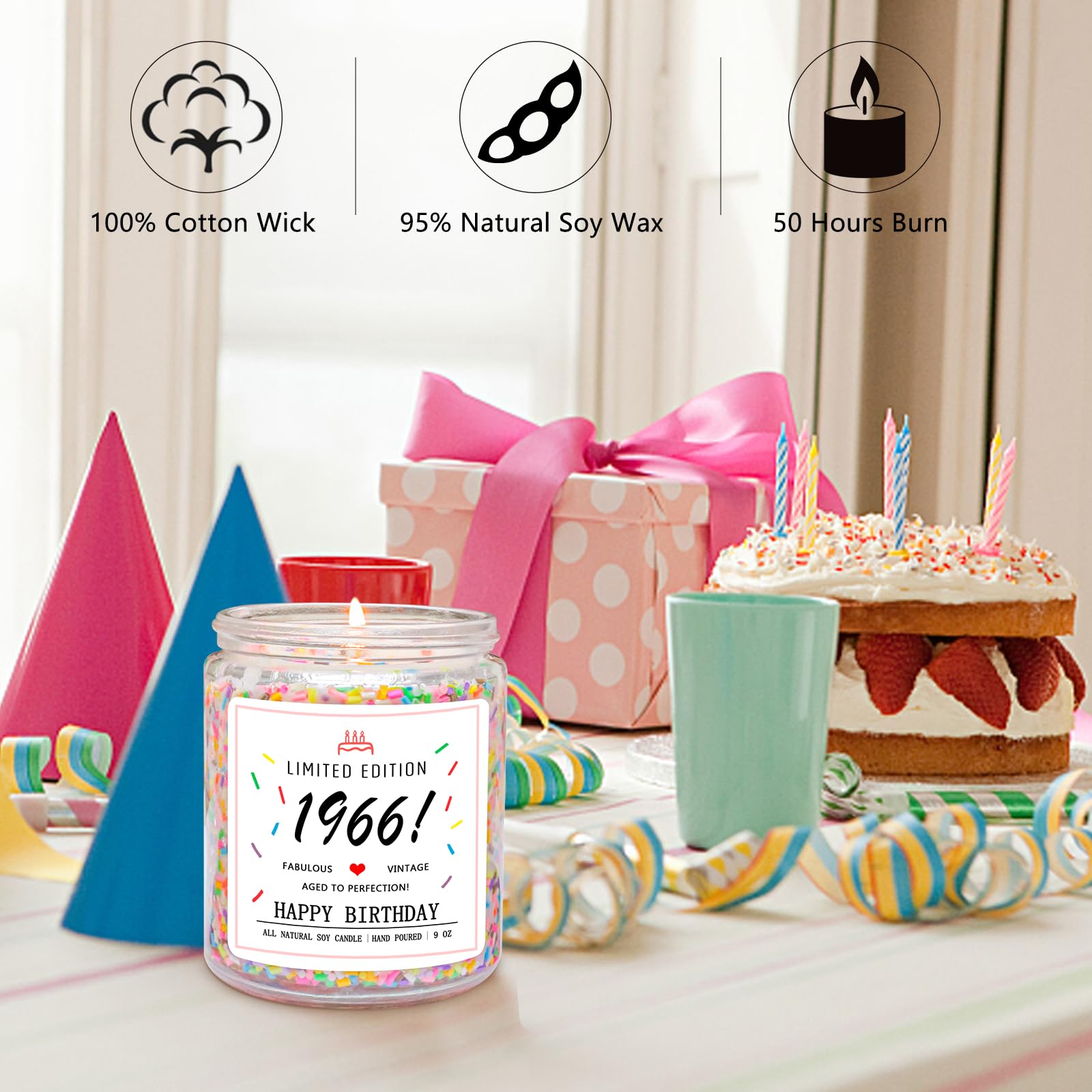Homsolver 60th Birthday Gifts for Women Ideas, Decorations Gifts for 60 Year Old Woman, 60th Birthday Candle - Limited Edition 1966 Handmade (Vanilla Birthday Cake Scent with Sprinkles)