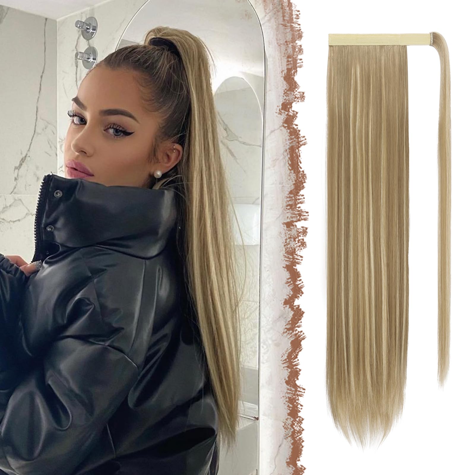 FESHFEN Cola de Caballo Extensiones 60 cm Largo Liso Postizos de Pelo Natural Sintética Ponytail Extensiones de Cabello Coleta Postizos para Mujeres, Castaño Claro & Rubio