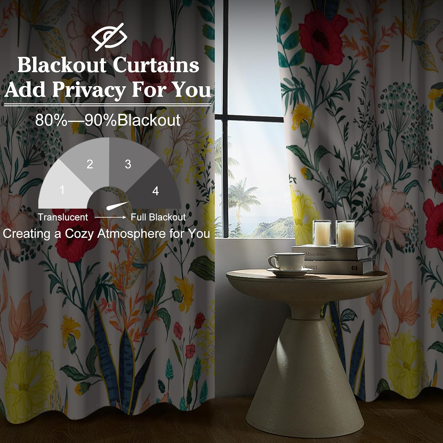 White Floral Blackout Curtains for Bedroom and Living Room 84 Inch Length 2 Panels Set,Boho Vintage Botanical Patterned Thermal Insulated Drapes with Grommet Top