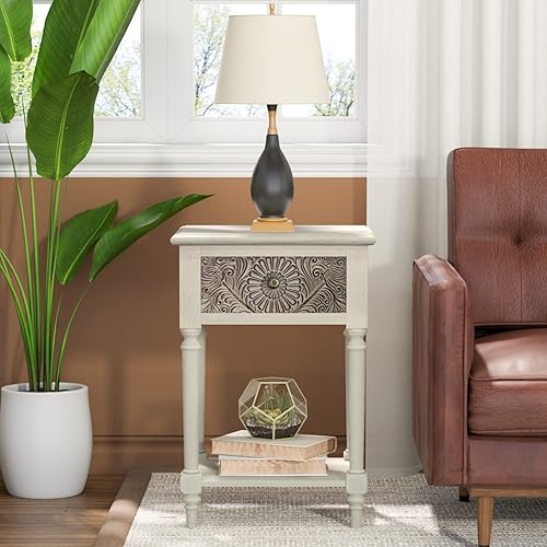 Miniatura 56 de SUNBURY Mesa auxiliar para sala de estar, mesa auxiliar pequeña con 3 cajones, mesita de noche vintage, elegante mesita de noche pequeña para