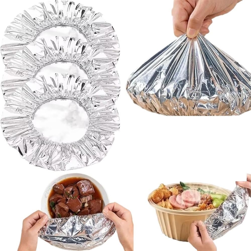 100Pcs Elastic Reusable Aluminum Foil Bowl Covers, Stretch Lids for Food Fresh-Keeping & Heat Retention