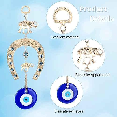 Miniatura 3 de WEBEEDY 2 adornos colgantes para automóvil de herradura de ojo turco con elefante, amuleto azul de ojo malvado, accesorios para espejo retrovisor,