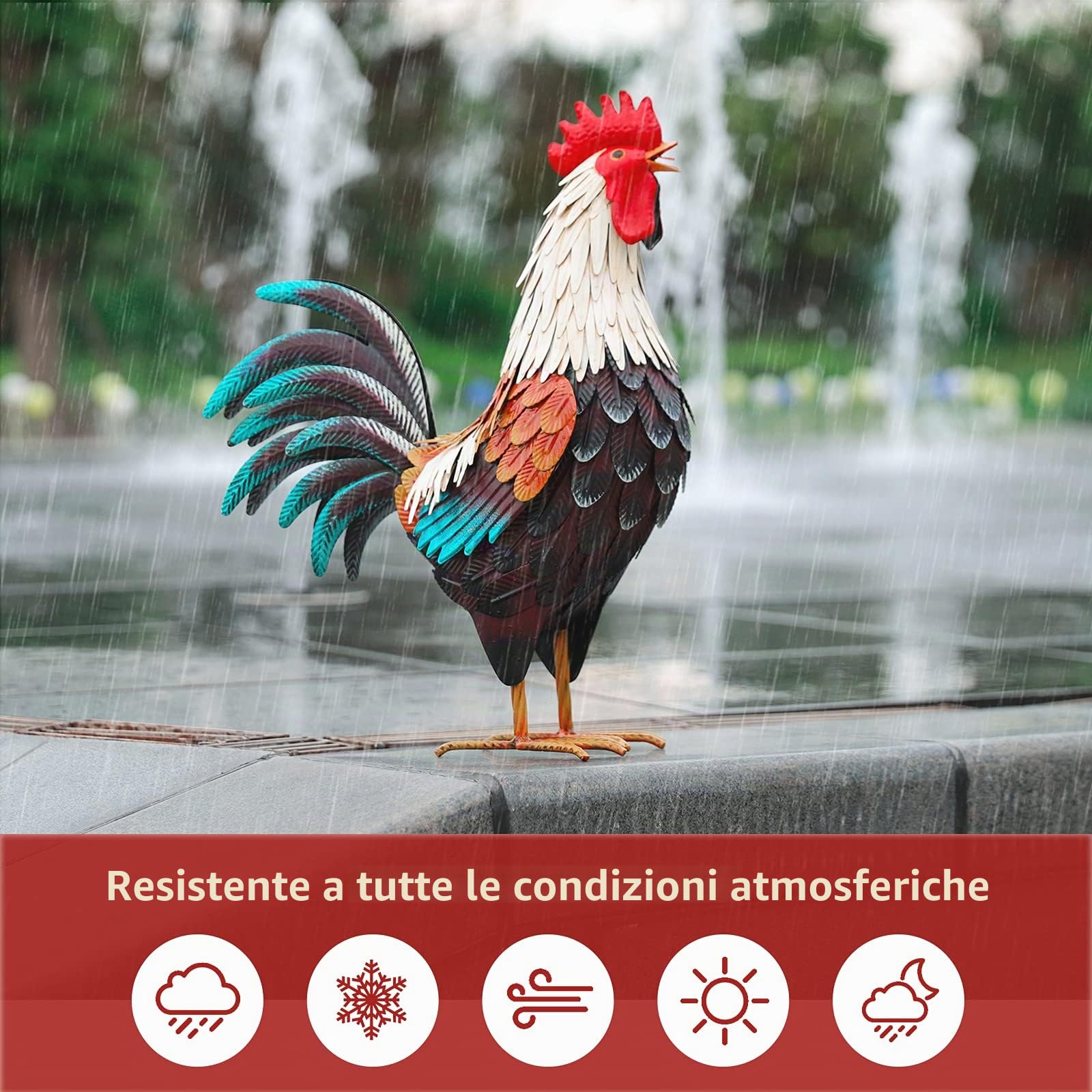 chisheen Decorazione a forma di gallo in metallo, decorazione per cortile, statue da giardino all'aperto, scultura di pollo in metallo per cortile, patio, cucina e ornamenti da prato