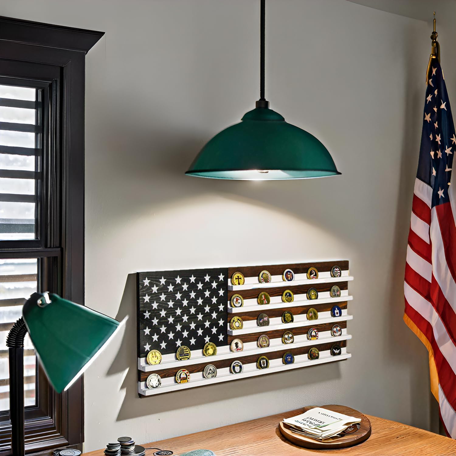 Handmade Large Challenge Coin Display Frame 28” x 12”, Coin Holder Wooden American Flag Wall Mount Décor, Military Rack Casino Poker Chip Storage Medal Organizer Case for Police, Veteran, Patriotic