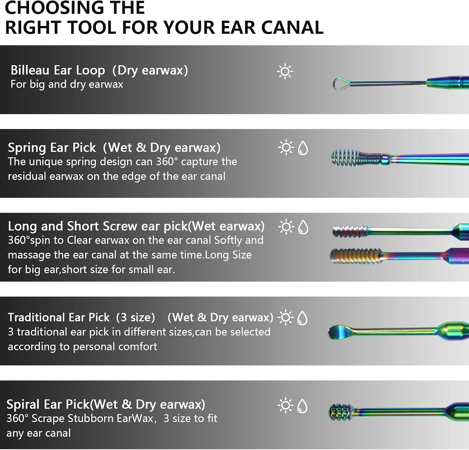 6 Pcs Ear Wax Removal Kit,Professional Double-Headed Ear Pick Earwax Removal Tools,316L Stainless Steel Ear Cleaner Curette with Cleaning Brush and Storage Box,Suit for Kid Adult(Gradient Color)