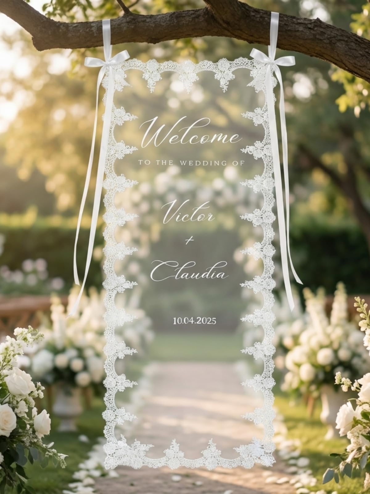 Personalized Sheer Tulle Wedding Fabric Welcome Sign with Lace Edge