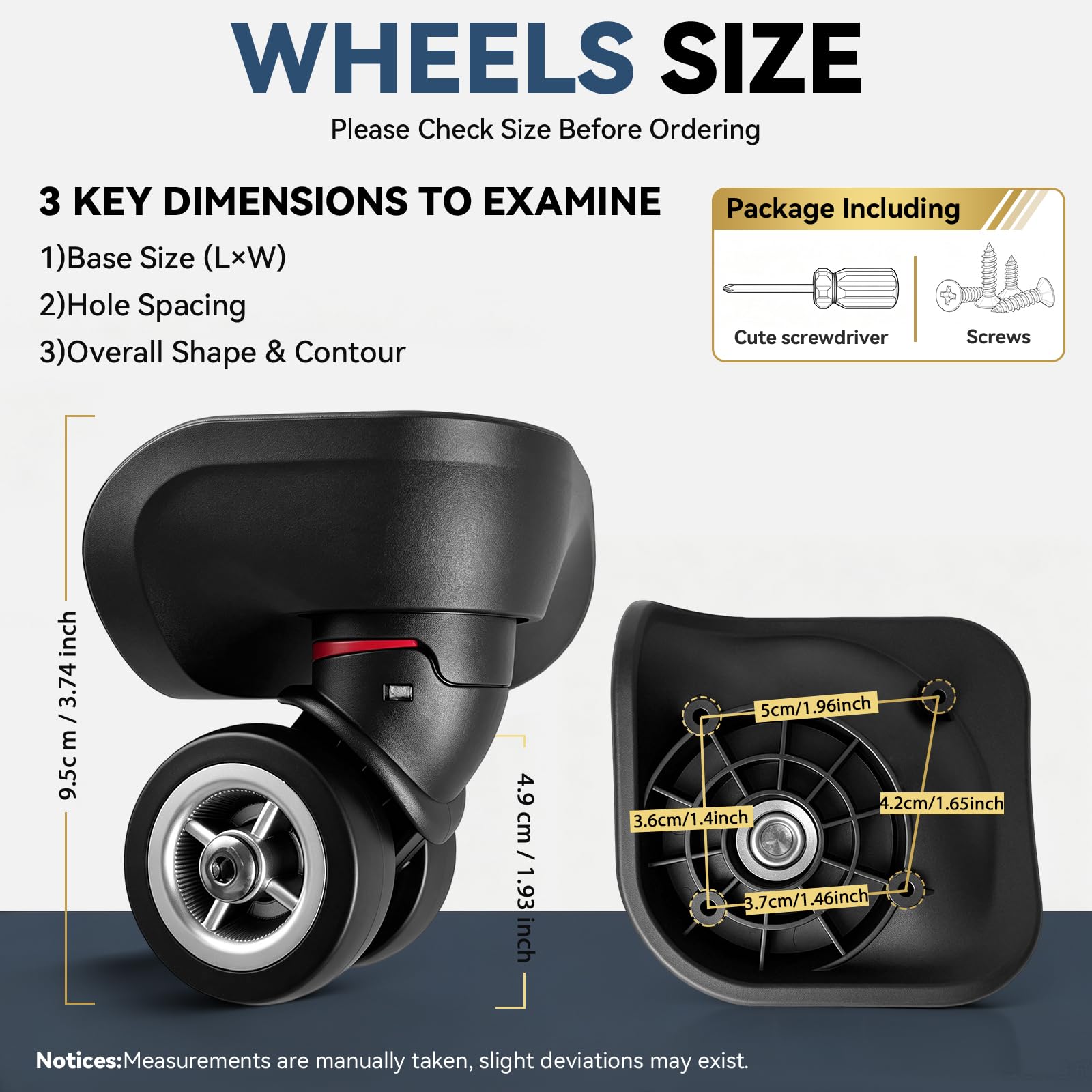 Ruote di ricambio per bagagli, confezione da 2, rotazione a 360°, 4 fori, riparazione valigia, Wheel002-L, Ruote Duel Spinner | Kit di ricambio per ruote per bagagli, con viti, ruote girevoli a 360° a doppia fila per valigia, carrello e borse da viaggio