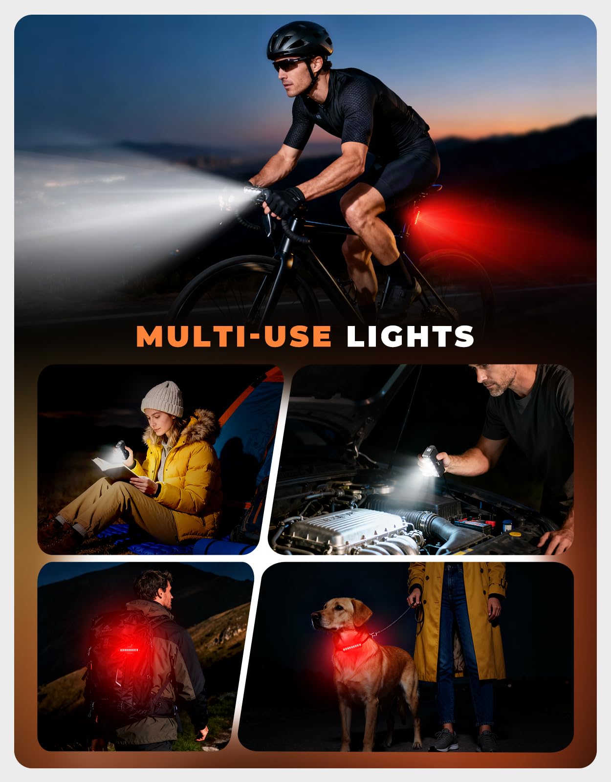 WOCBUY Luces de bicicleta para montar por la noche, 1500 lúmenes, superbrillantes y de haz ancho, 4 + 5 modos de 2600 mAh, juego de luces recargables por USB, IP65, barra de luz impermeable para