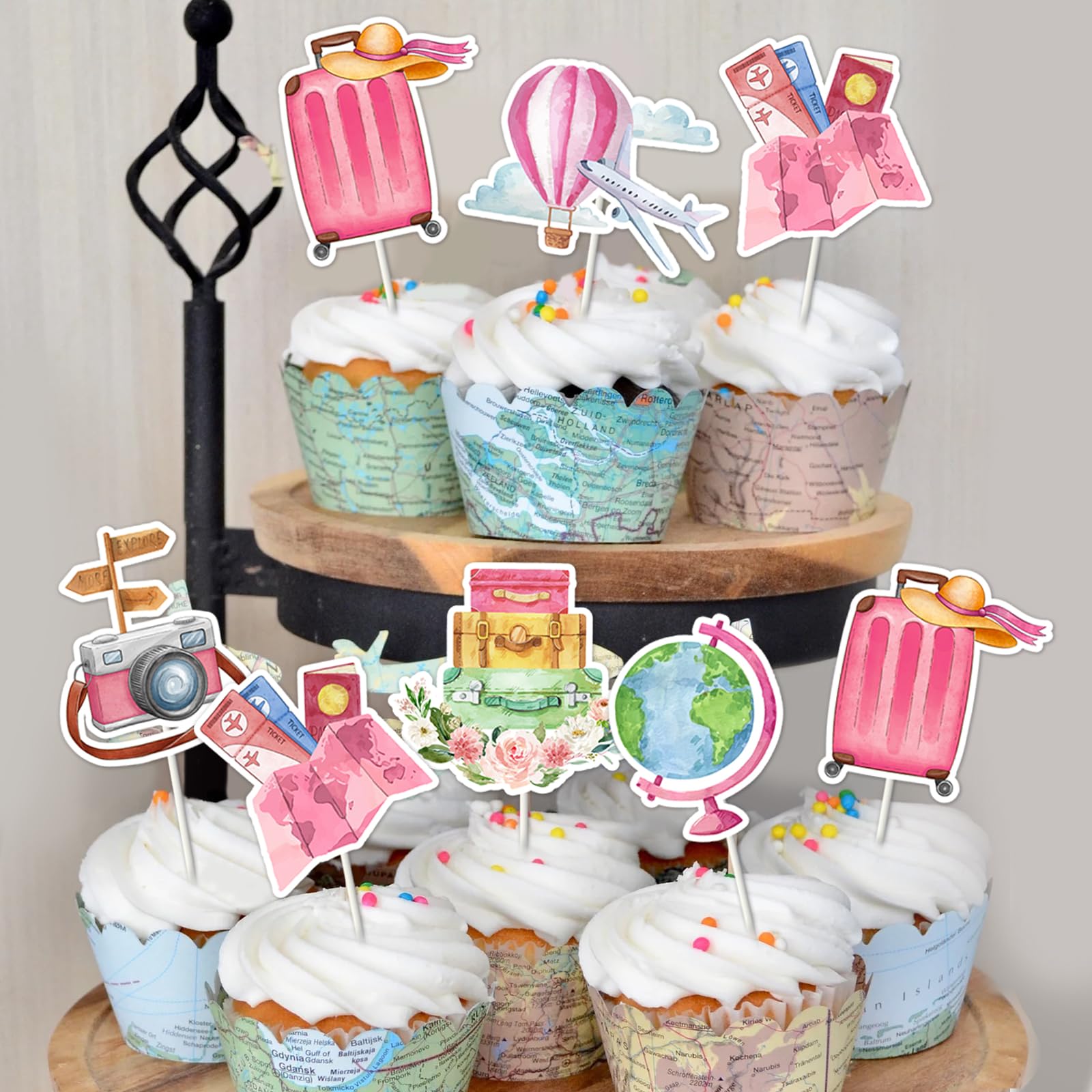 Kreatwow 24 Topper Per Cupcake Tema Viaggio Rosa | Decorazioni Festa Let The Adventure Begin - 2