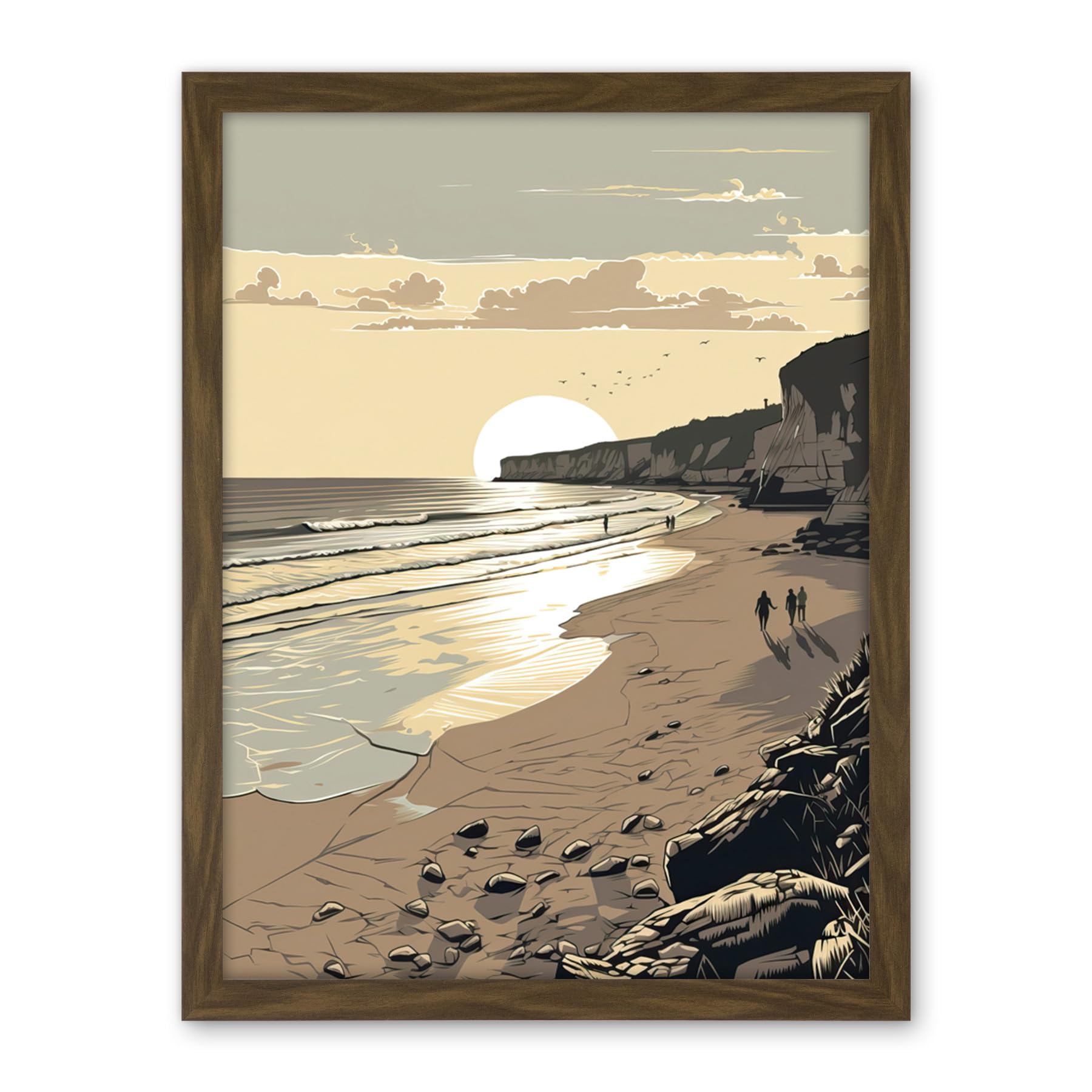 Artery8 Sunrise Walk on Filey Beach Coastal Illustration Artwork Framed Wall Art Print 18X24 Inch