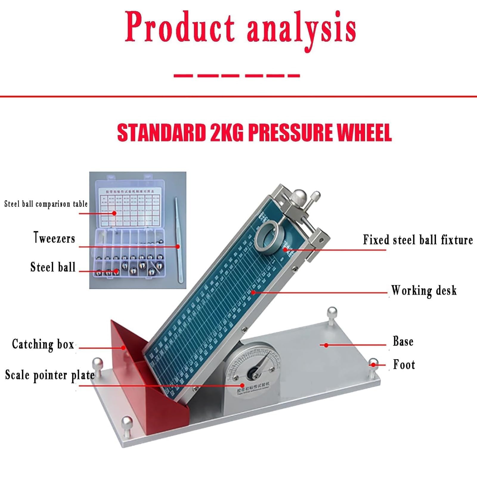 Testeur de piquage, angle réglable 0-60°, boule en acier standard de 1/32" à 1", comprend un cadran pointeur d'échelle pour évaluation du ruban adhésif
